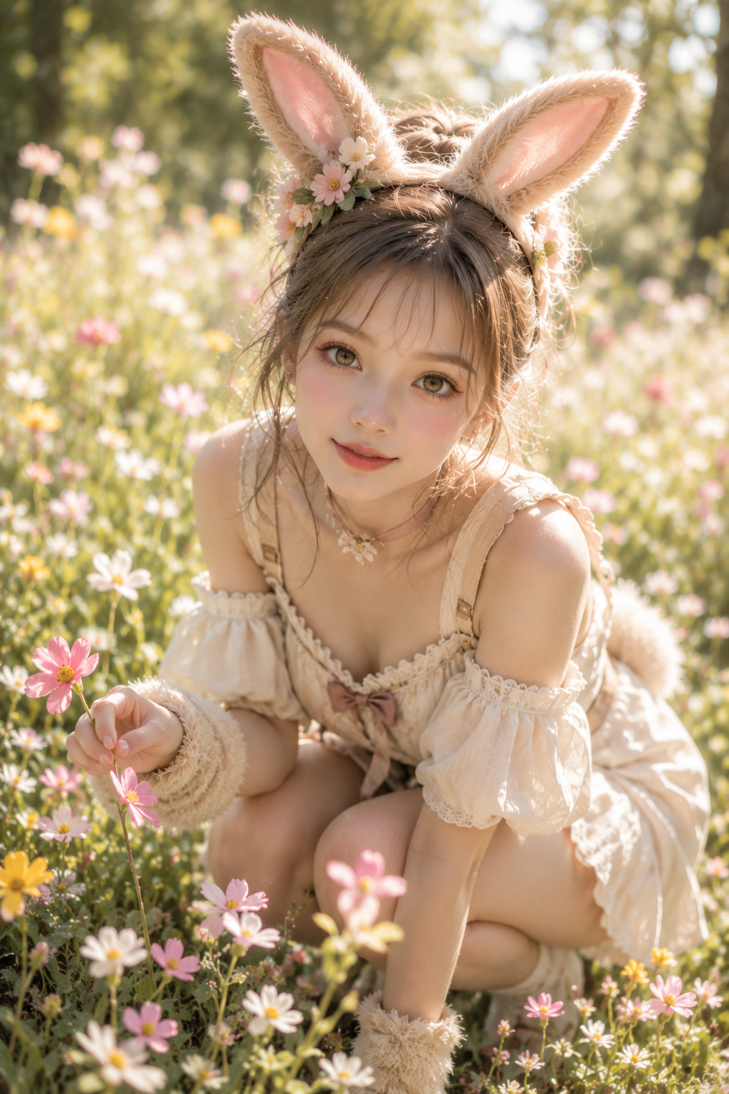 春の森にいる小さなうさぎの少女像をモチーフにしたAIビジュアル実験